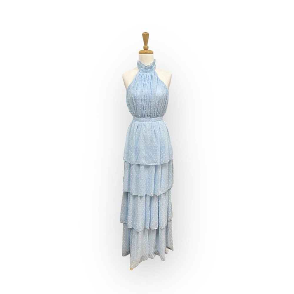 FAERIESTY Halter Backless Chiffon Dress With Layered Ruffle Hem Size Xs Blue